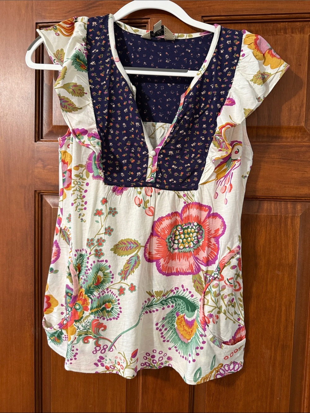 Anthropologie Cream Floral Tunic with Navy Yoke and Pink & Green Accents